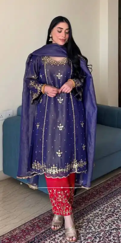 Purple Gold Crushe Silk Embroidery Work Salwar Suit