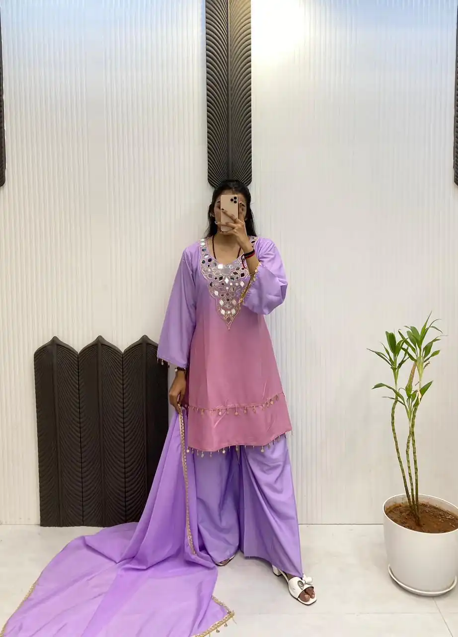 Purple Printed Crape Silk Mirror Work Salwar Suit - Image 2