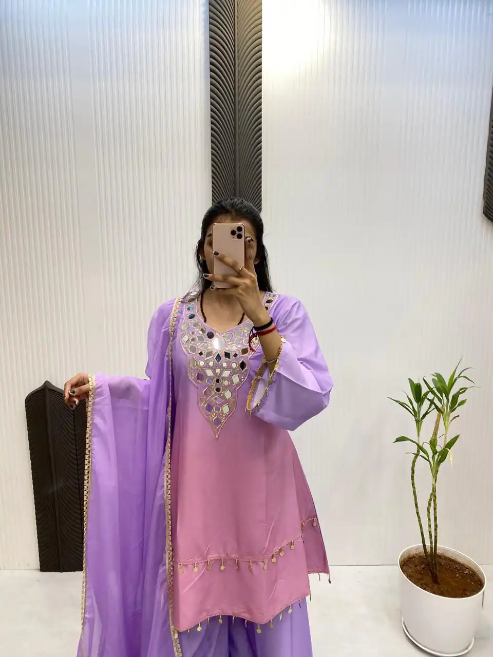 Purple Printed Crape Silk Mirror Work Salwar Suit