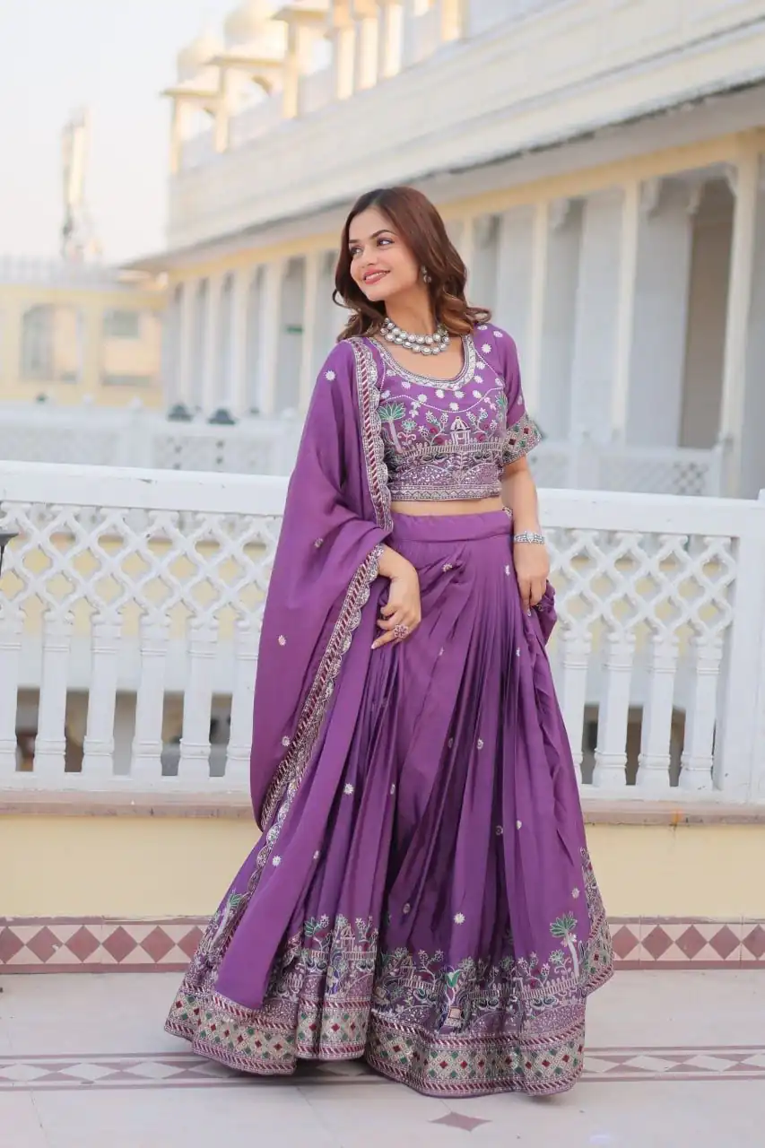 Purple Pure Chinon Embroidery Work Lehenga Choli