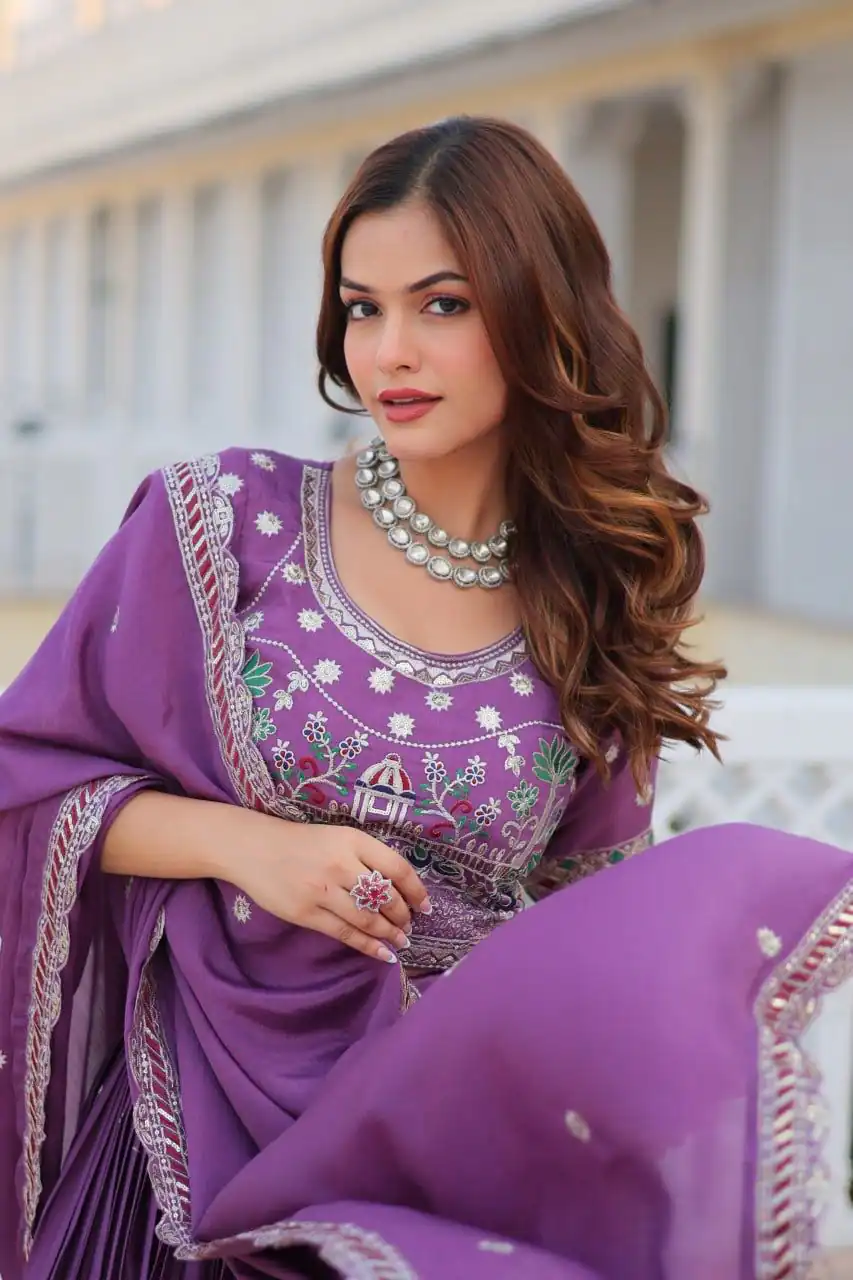Purple Pure Chinon Embroidery Work Lehenga Choli - Image 8