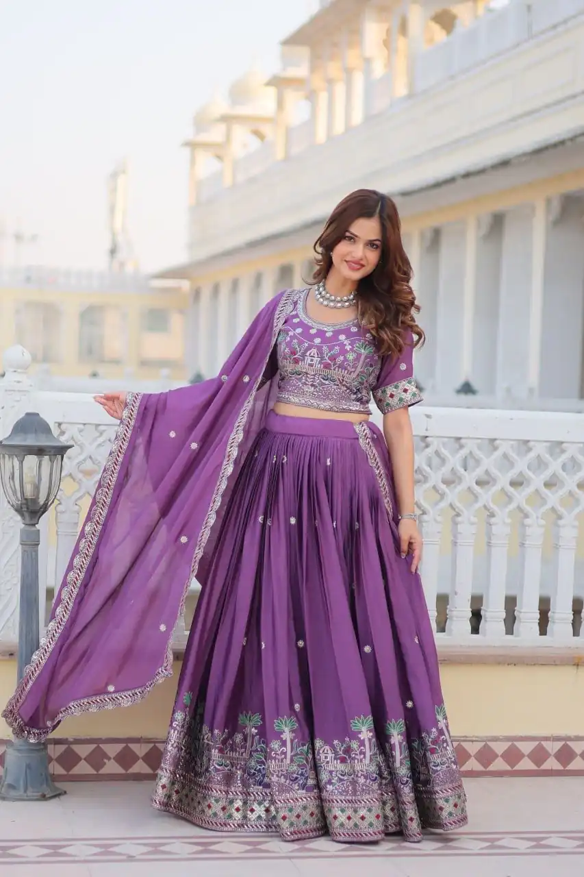 Purple Pure Chinon Embroidery Work Lehenga Choli - Image 4