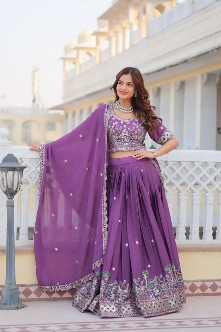 Purple Pure Chinon Embroidery Work Lehenga Choli - Image 3