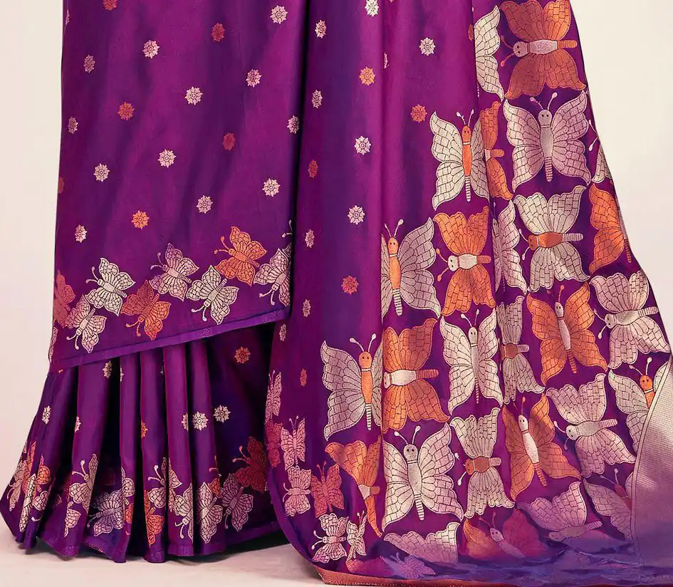 Purple Soft Lichi Silk Border Lace Work Saree - Image 4