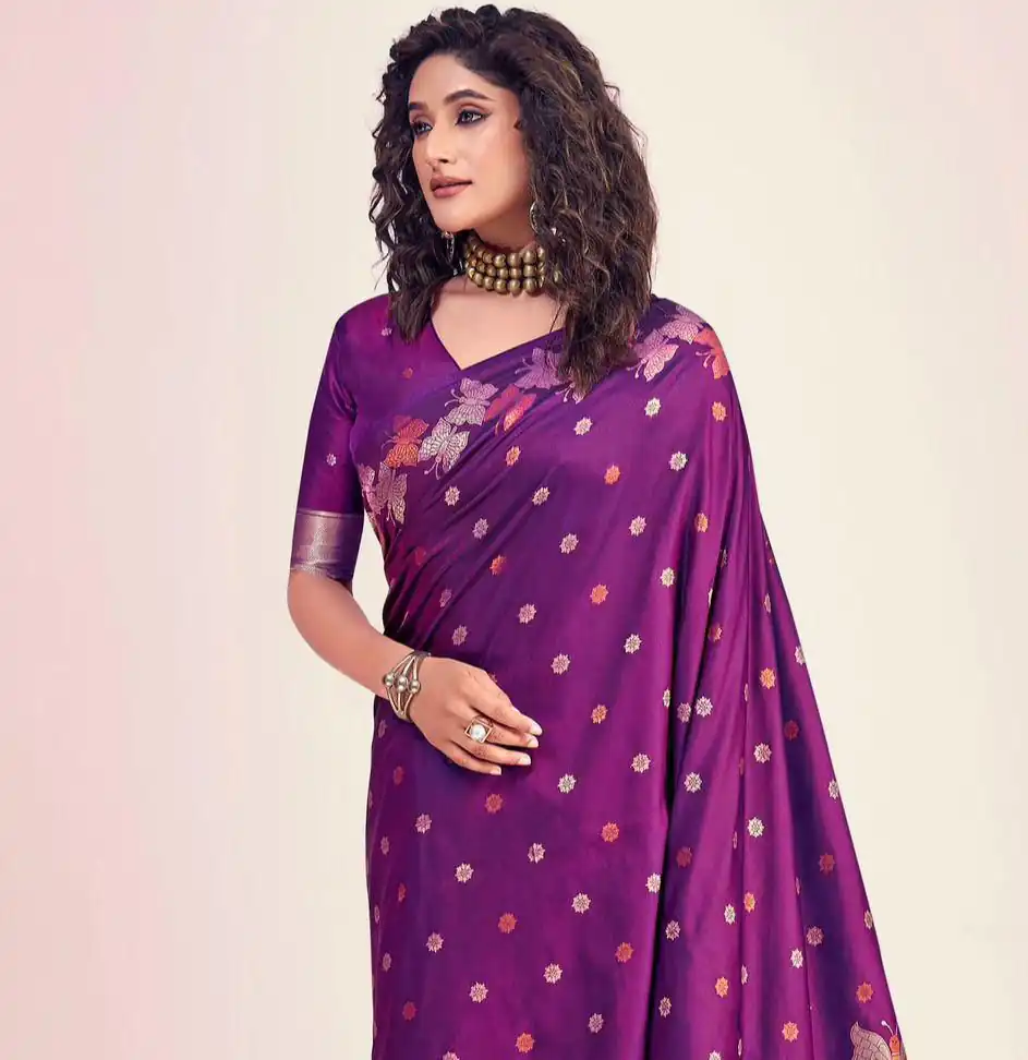 Purple Soft Lichi Silk Border Lace Work Saree - Image 2