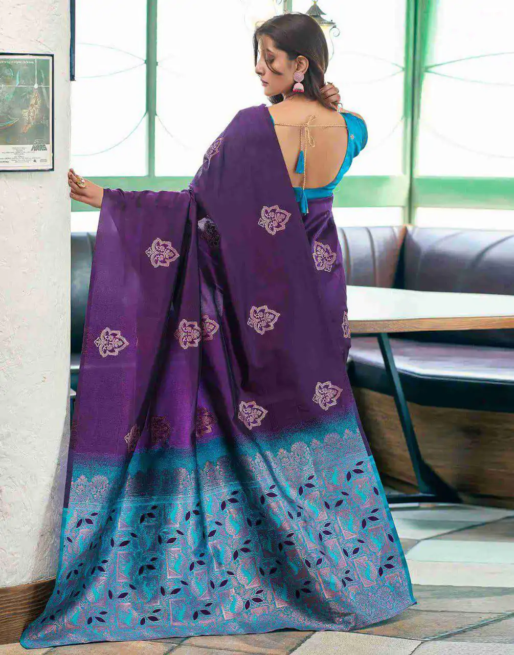 Purple Soft Lichi Silk Lace Border Work Saree - Image 2