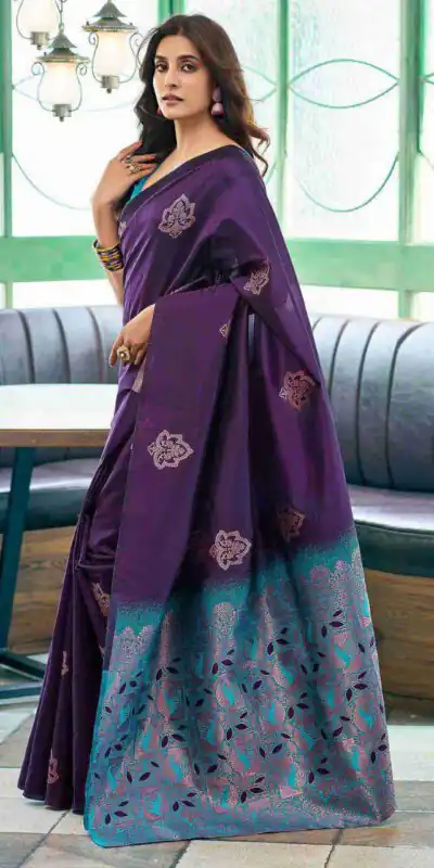 Purple Soft Lichi Silk Lace Border Work Saree