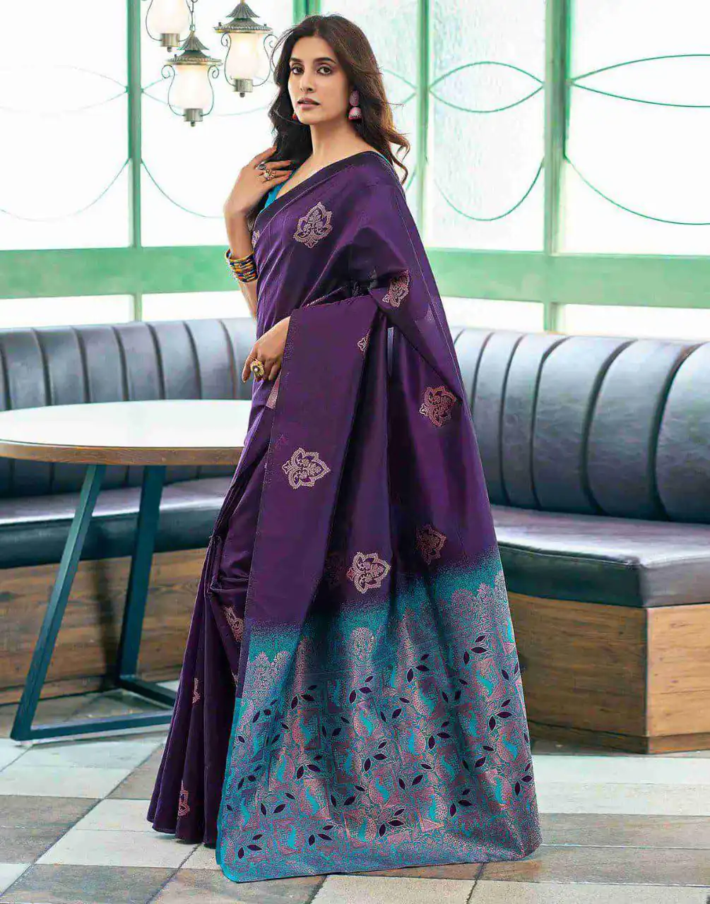 Purple Soft Lichi Silk Lace Border Work Saree