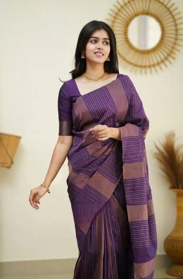 Purple Soft Lichi Silk Rich Pallu Work Border Saree