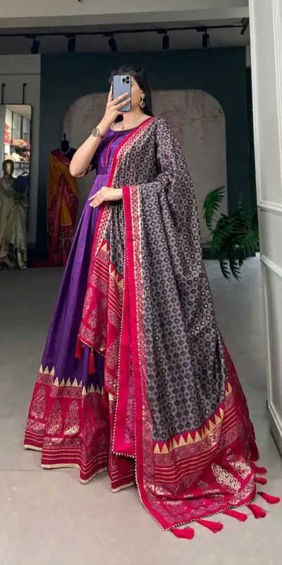YNF 5007 Purple Color Tussar Silk Print With Foil Printed Gown Casual, Wedding, Party, Festive, Events Etc. Expected Delivery 4-6 Working Days @2049/- | Gowns, Bollywood Gowns, Creative Gowns, Designer Gowns, Embroidered Gowns, Party Wear Gowns