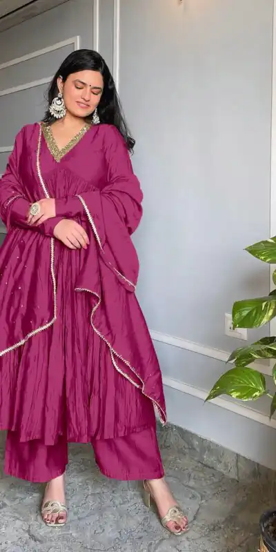 AD 152 Rani Pink Color Pure Chinon Silk Embroidery Gown Fancy Full Sleeve Wedding, Party, Festive, Events Etc. Expected Delivery  4-6 Working Days @1799/ | Jump Suits, Salwar suit, Casual Suits, Creative suits, Designer Suits, Palazzo Suits, Party Wear Suits, Patiala Suits, Straight Suits