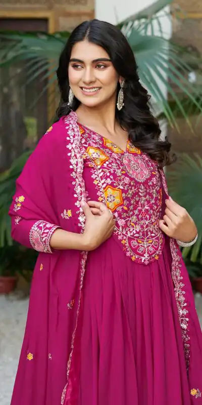 Ram 105 Rani Pink Star Georgette Gown with Embroidery Work & Thread Embroidery. Get it for ₹2049. Delivery 4-6 Working Days. Shop now. | Jump Suits, Salwar suit, Casual Suits, Creative suits, Designer Suits, Palazzo Suits, Party Wear Suits, Patiala Suits, Straight Suits