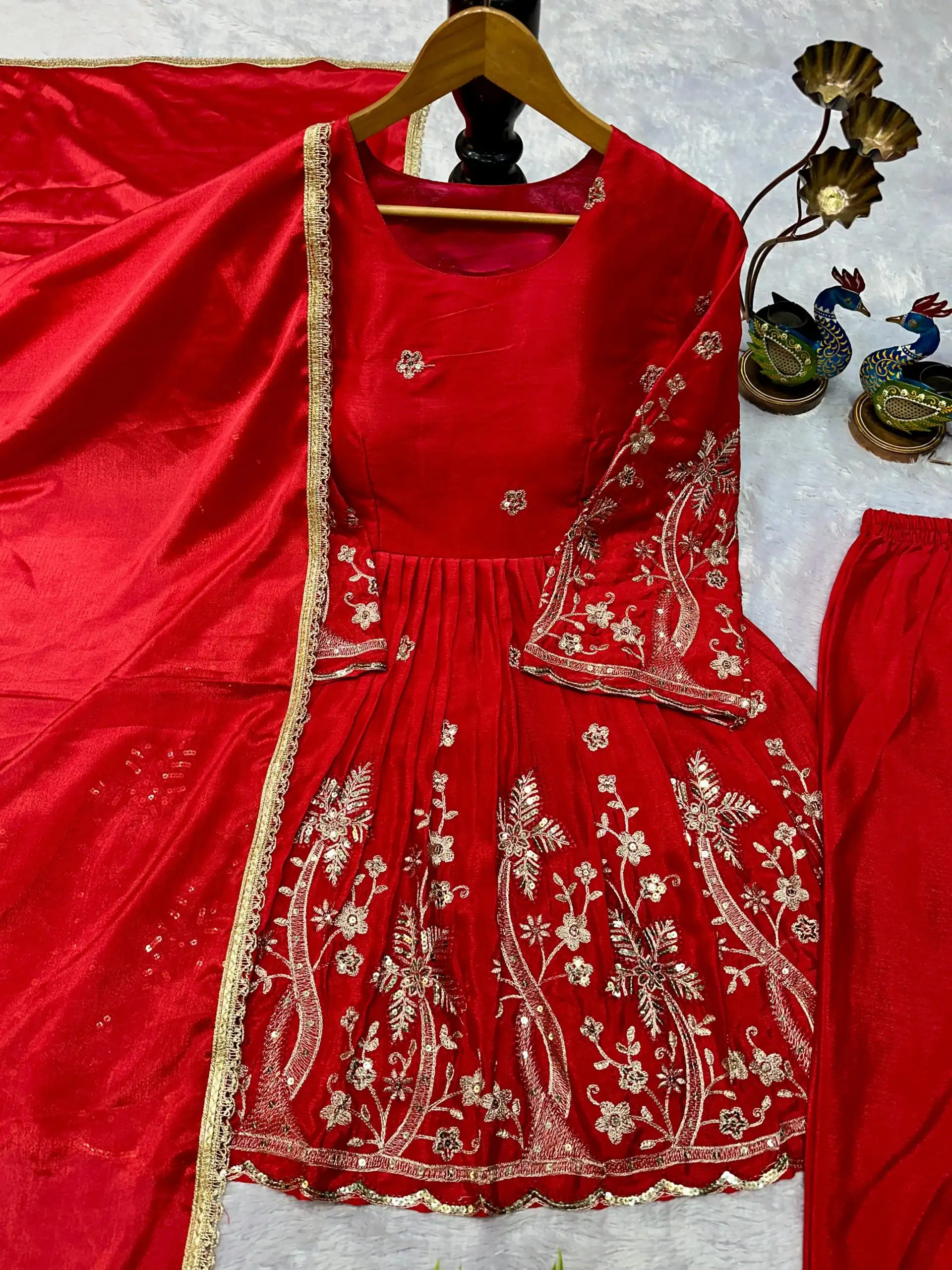 Red Chinon Silk Lace Embroidery Work Salwar Suit - Image 2