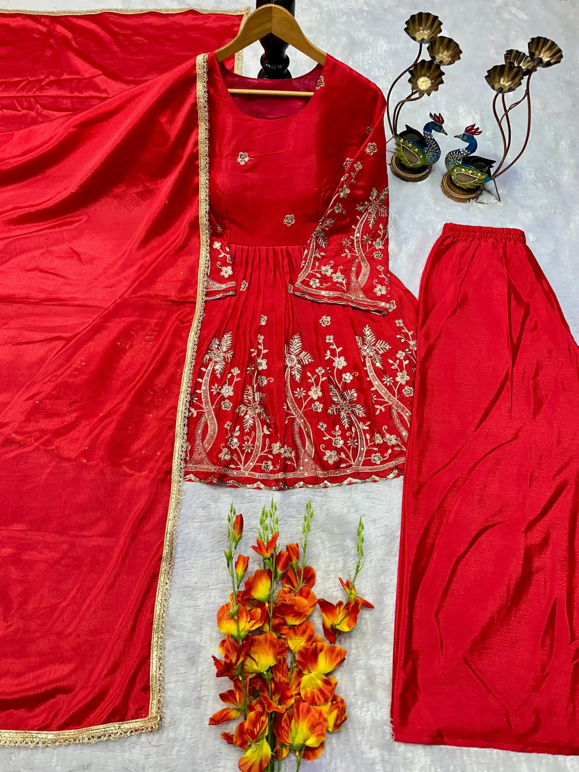 Red Chinon Silk Lace Embroidery Work Salwar Suit