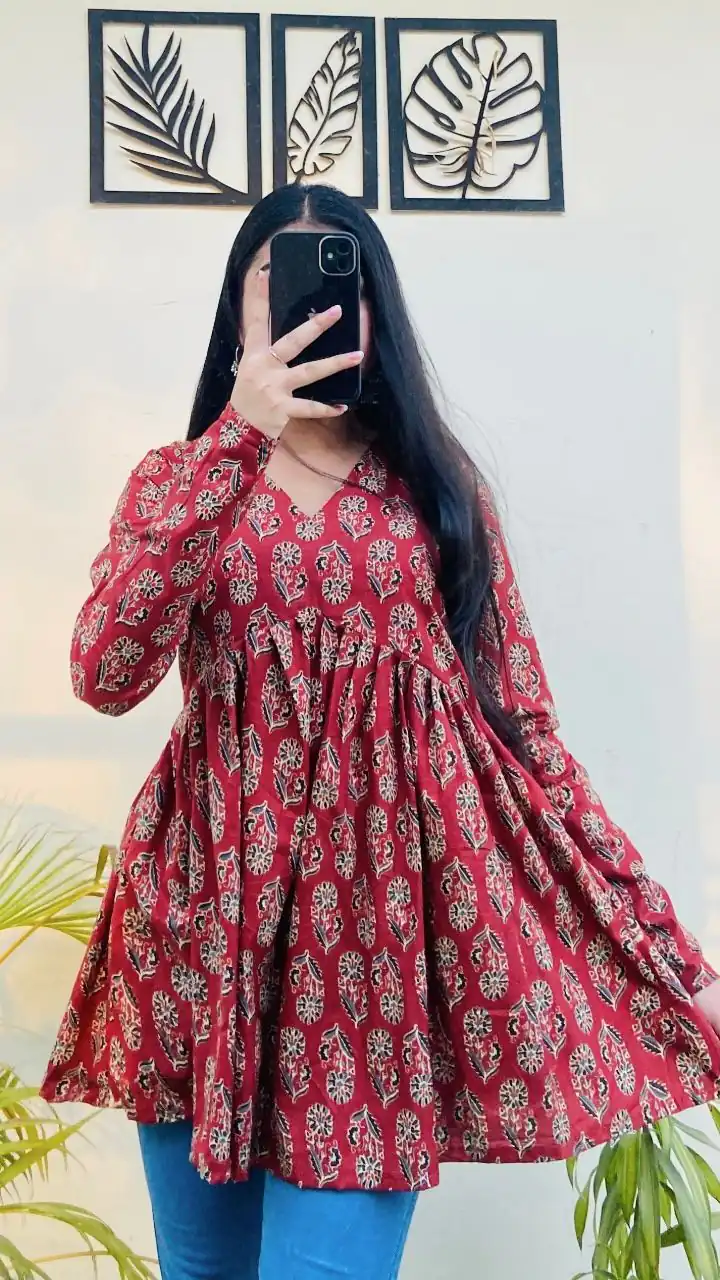 Red Cotton With Printed Kurti
