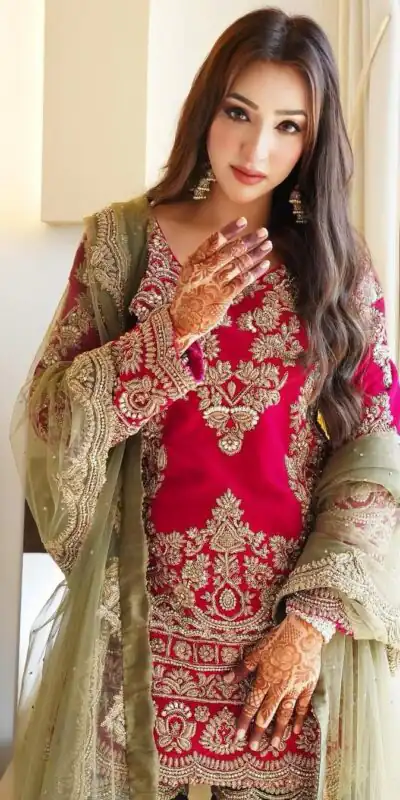 Red Faux Georgette Bead Embroidery Work Salwar Suit