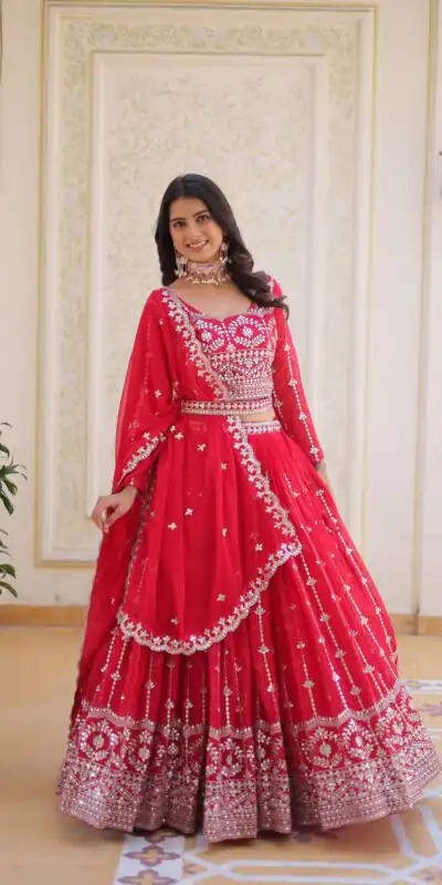 Ram 085 Red Color Fox Georgette Lehenga Choli with Embroidery Work. Grab it for ₹3049. Delivery 4-6 Working Days. Shop now. | Lehenga, Bollywood Lehenga, Creative Lehenga, Designer Lehenga, Embroidered Lehenga, Party Wear Lehenga