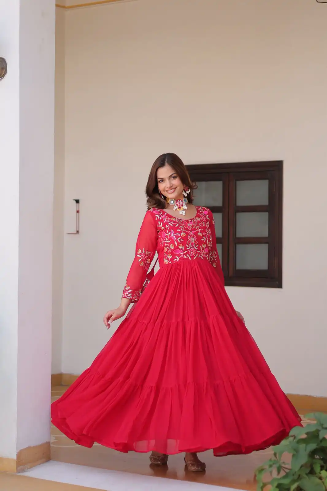 Red Fox Georgette With Embroidery Work Gown - Image 2