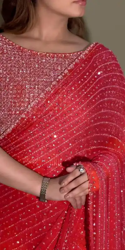 YNF 3452 -DF 3452 Red Color Georgette Sequins Multy Embroidery Work Saree Casual, Wedding, Festive, Events . Expected Delivery  4-6 Working Days @1799/- only                                                                                | Sarees, Bollywood Sarees, Creative Sarees, Designer Sarees, Embroidered Sarees, Ethnic Saree, Modern Digital sarees, Party Wear Sarees