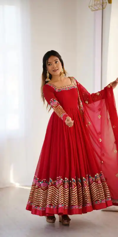 ZF 5010 Red Georgette Gown Perfect for Wedding, Party, Pooja, Ethnic Day, Karwa Chauth – . Best Price ₹2049. Delivery 4-6 Working Days. Shop now. | Jump Suits, Salwar suit, Casual Suits, Creative suits, Designer Suits, Palazzo Suits, Party Wear Suits, Patiala Suits, Straight Suits