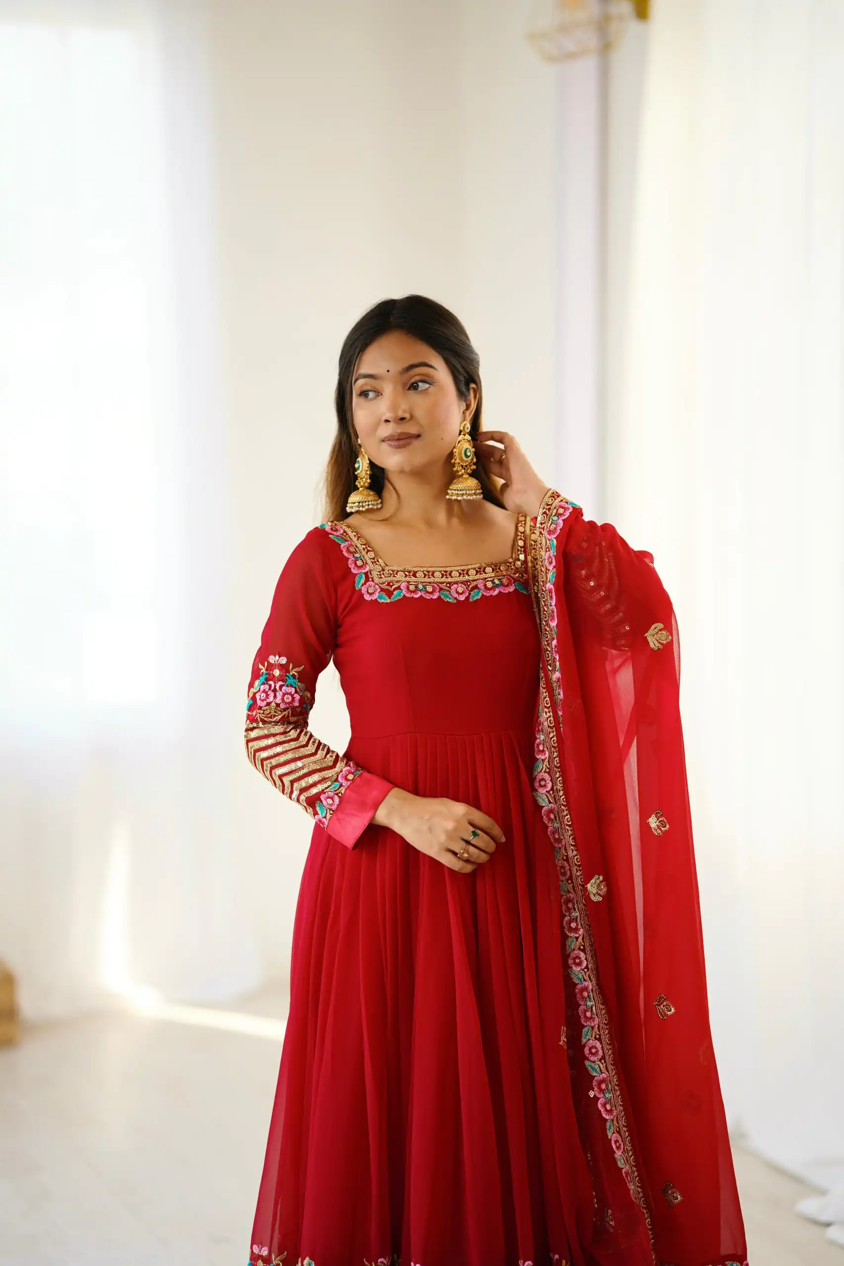 Red Georgette Multi Thread Work Gown