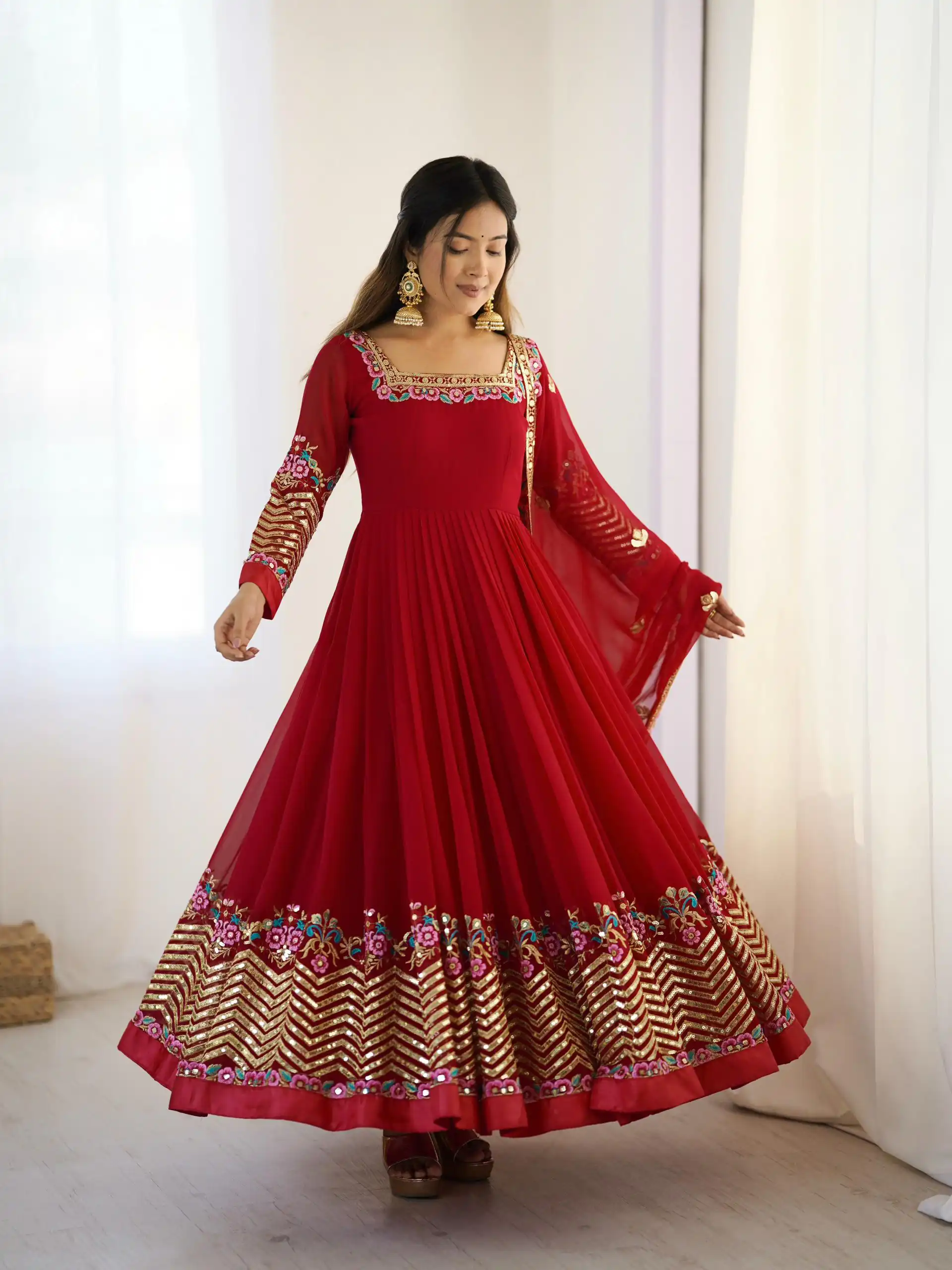 Red Georgette Multi Thread Work Gown - Image 4