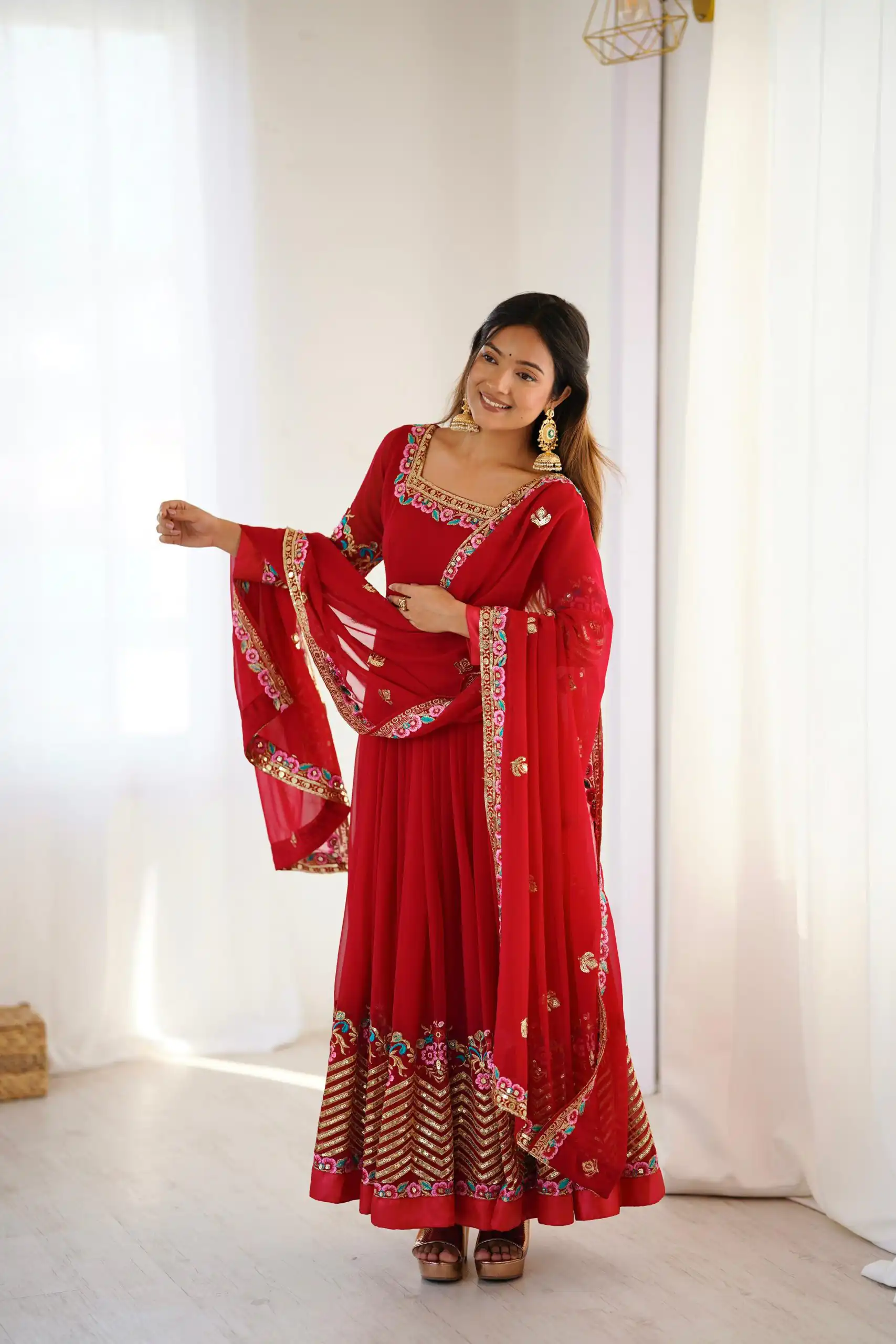 Red Georgette Multi Thread Work Gown - Image 11
