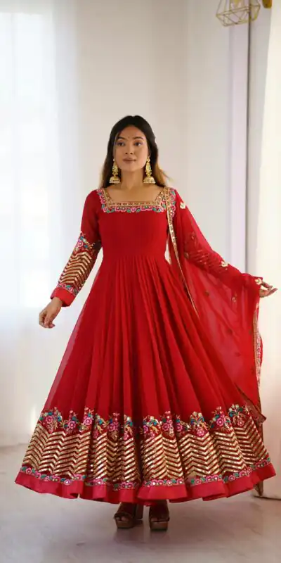 ZF 5010 Red Georgette Gown Perfect for Wedding, Party, Pooja, Ethnic Day, Karwa Chauth – . Best Price ₹2049. Delivery 4-6 Working Days. Shop now. | Jump Suits, Salwar suit, Casual Suits, Creative suits, Designer Suits, Palazzo Suits, Party Wear Suits, Patiala Suits, Straight Suits