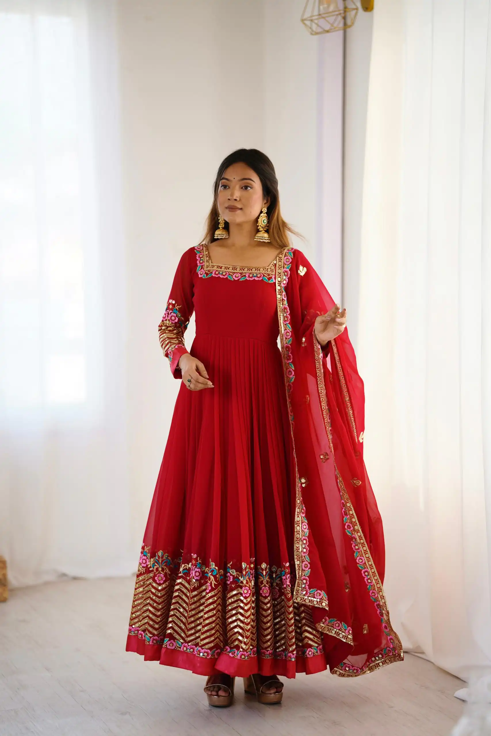 Red Georgette Multi Thread Work Gown - Image 8