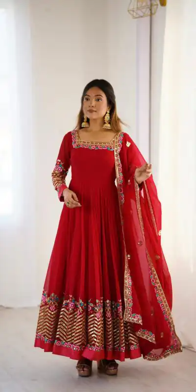 ZF 5010 Red Georgette Gown Perfect for Wedding, Party, Pooja, Ethnic Day, Karwa Chauth – . Best Price ₹2049. Delivery 4-6 Working Days. Shop now. | Jump Suits, Salwar suit, Casual Suits, Creative suits, Designer Suits, Palazzo Suits, Party Wear Suits, Patiala Suits, Straight Suits