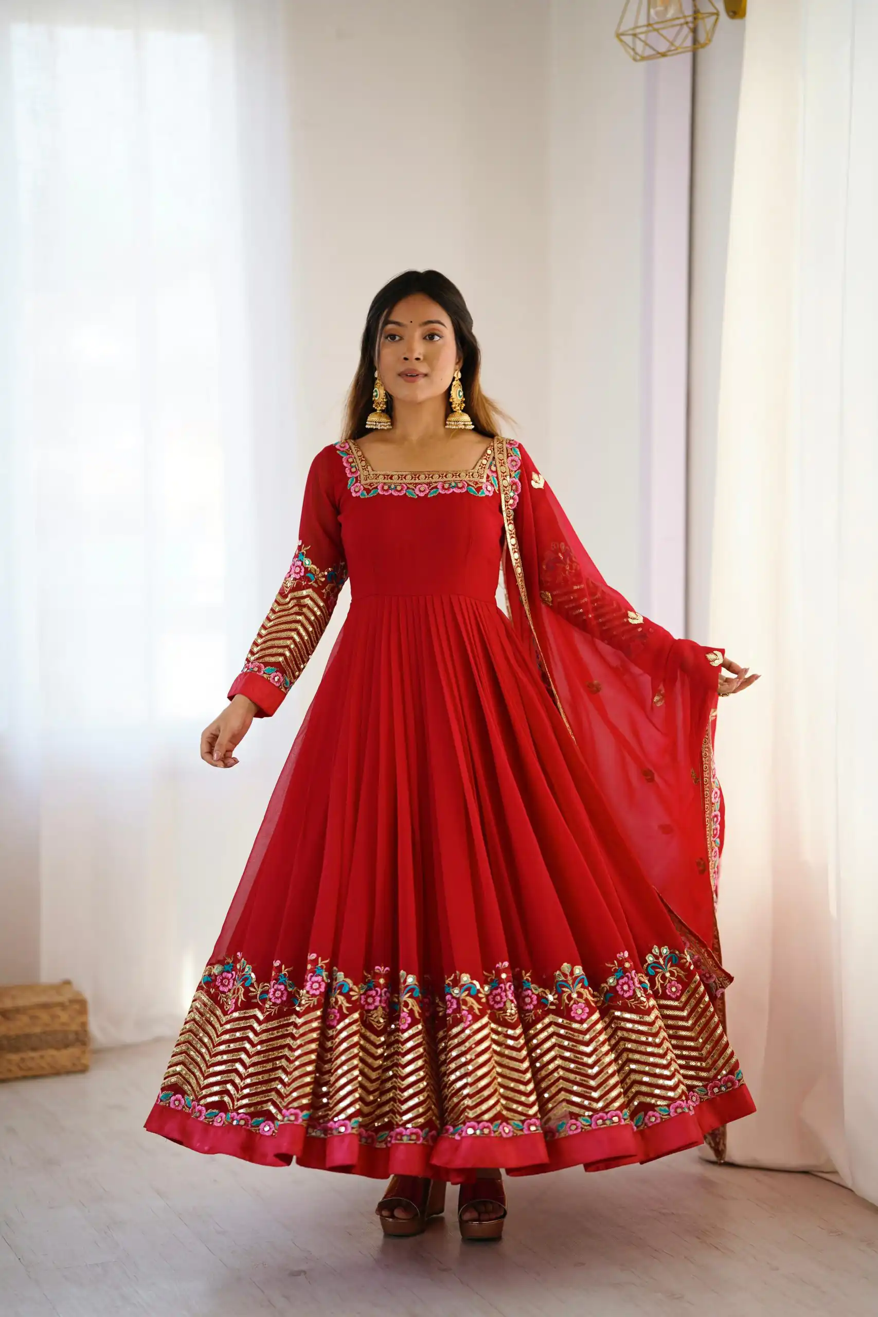 Red Georgette Multi Thread Work Gown - Image 6