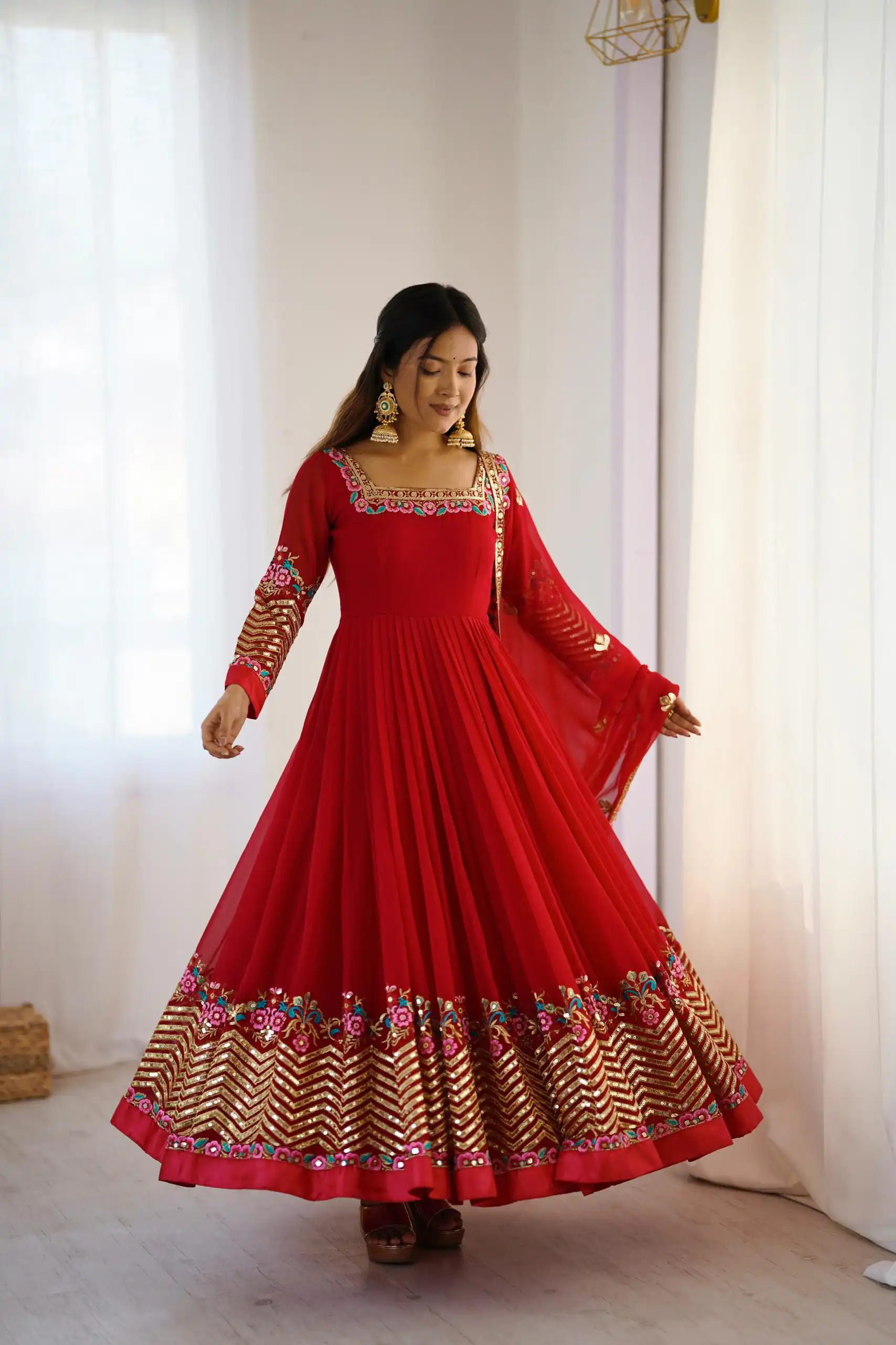 Red Georgette Multi Thread Work Gown - Image 5
