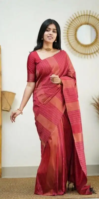 Red Soft Lichi Silk Rich Pallu Work Border Saree