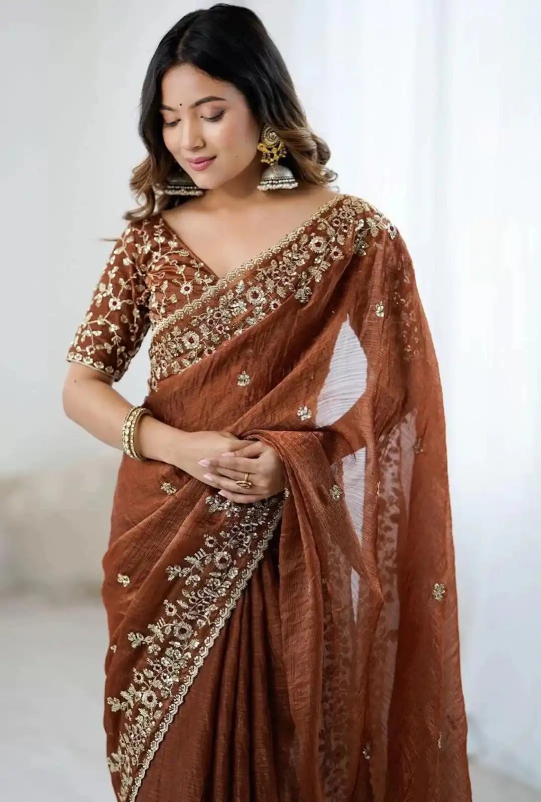 AC MISTY Rust in Fandy Chiffon Embroidery Work & Sequins Work Saree . Available at ₹1999 only. Delivery 4-6 Working Days. Shop now. | Sarees, Bollywood Sarees, Creative Sarees, Designer Sarees, Embroidered Sarees, Ethnic Saree, Modern Digital sarees, Party Wear Sarees