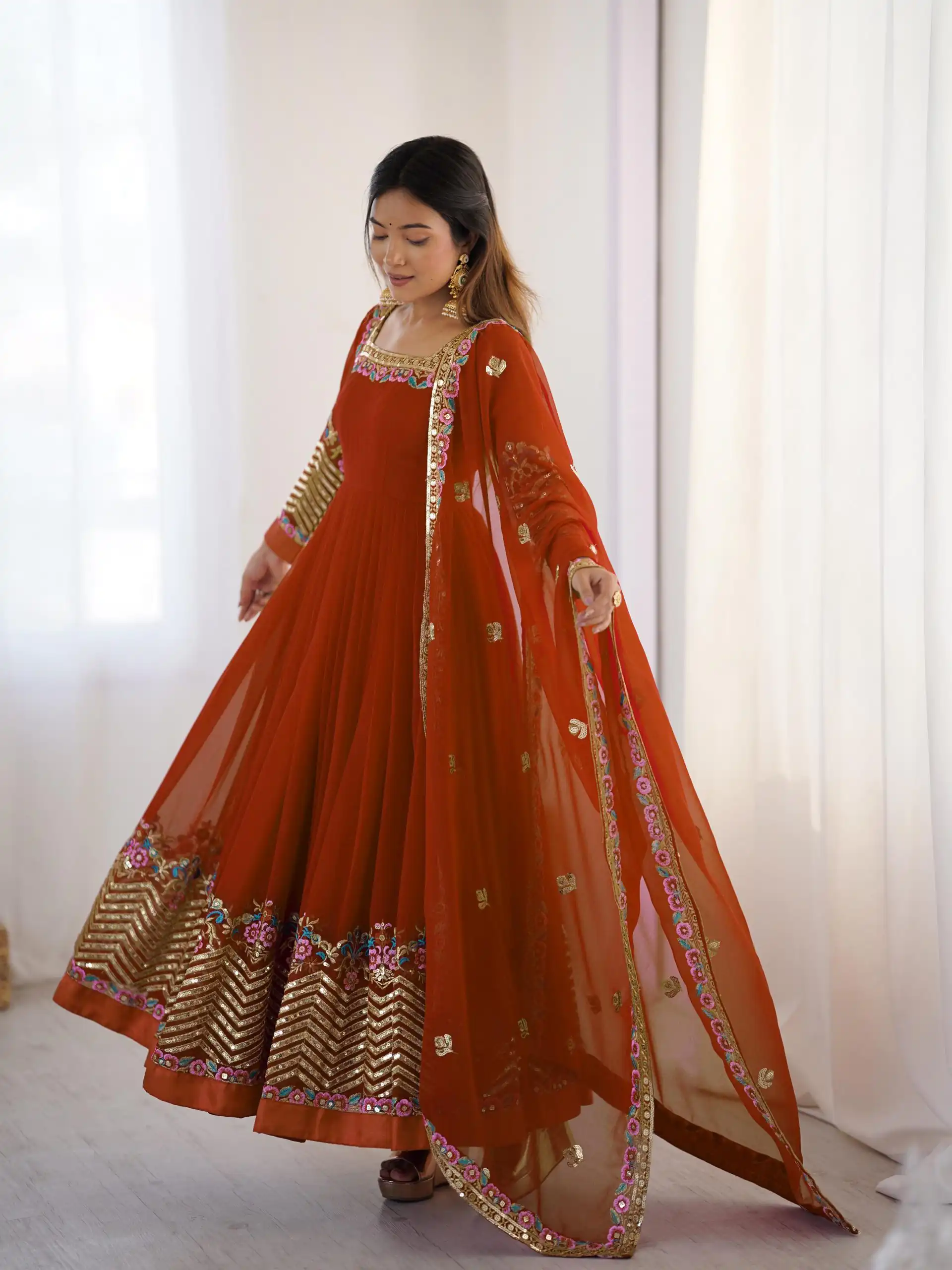 ZF 5010 Rust Georgette Gown Perfect for Wedding, Party, Pooja, Ethnic Day, Karwa Chauth – . Best Price ₹2049. Delivery 4-6 Working Days. Shop now. | Jump Suits, Salwar suit, Casual Suits, Creative suits, Designer Suits, Palazzo Suits, Party Wear Suits, Patiala Suits, Straight Suits