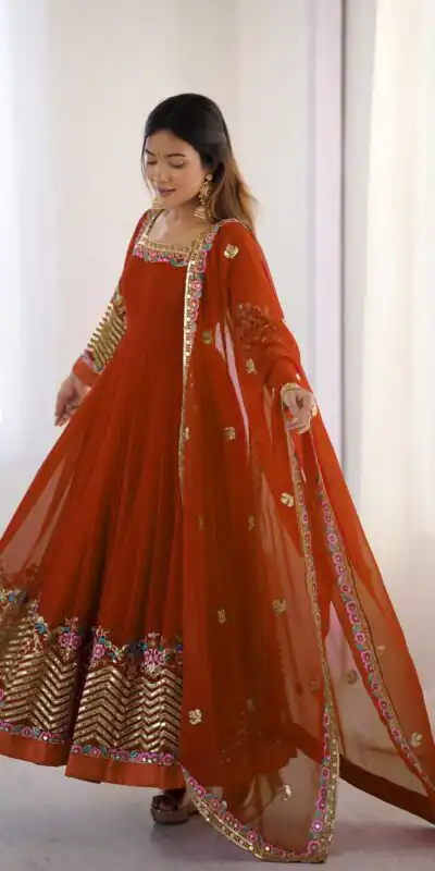 ZF 5010 Rust Georgette Gown Perfect for Wedding, Party, Pooja, Ethnic Day, Karwa Chauth – . Best Price ₹2049. Delivery 4-6 Working Days. Shop now. | Jump Suits, Salwar suit, Casual Suits, Creative suits, Designer Suits, Palazzo Suits, Party Wear Suits, Patiala Suits, Straight Suits