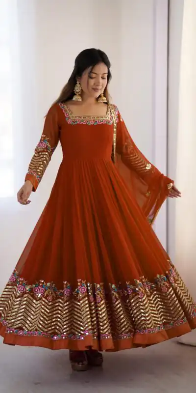 ZF 5010 Rust Georgette Gown Perfect for Wedding, Party, Pooja, Ethnic Day, Karwa Chauth – . Best Price ₹2049. Delivery 4-6 Working Days. Shop now. | Jump Suits, Salwar suit, Casual Suits, Creative suits, Designer Suits, Palazzo Suits, Party Wear Suits, Patiala Suits, Straight Suits