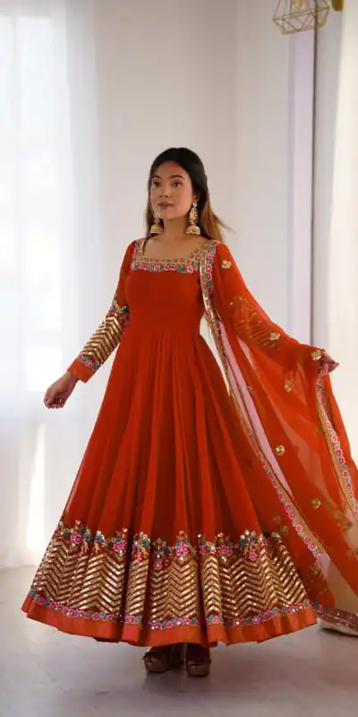 ZF 5010 Rust Georgette Gown Perfect for Wedding, Party, Pooja, Ethnic Day, Karwa Chauth – . Best Price ₹2049. Delivery 4-6 Working Days. Shop now. | Jump Suits, Salwar suit, Casual Suits, Creative suits, Designer Suits, Palazzo Suits, Party Wear Suits, Patiala Suits, Straight Suits