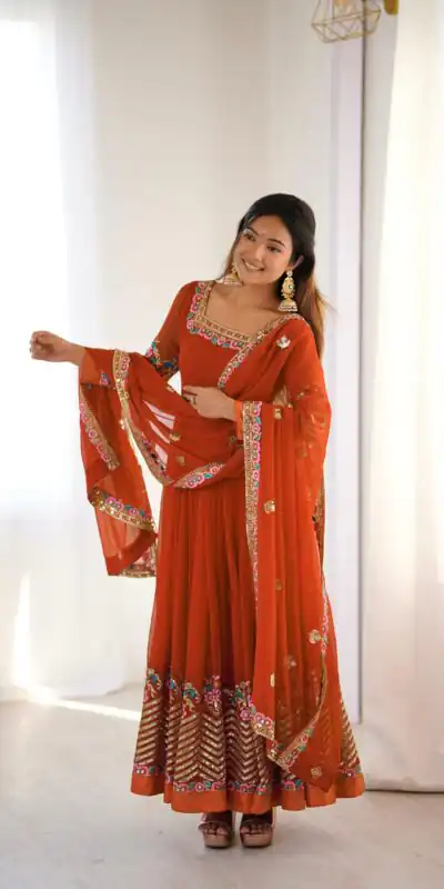 ZF 5010 Rust Georgette Gown Perfect for Wedding, Party, Pooja, Ethnic Day, Karwa Chauth – . Best Price ₹2049. Delivery 4-6 Working Days. Shop now. | Jump Suits, Salwar suit, Casual Suits, Creative suits, Designer Suits, Palazzo Suits, Party Wear Suits, Patiala Suits, Straight Suits