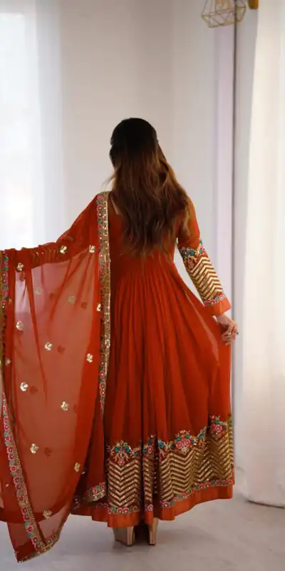 ZF 5010 Rust Georgette Gown Perfect for Wedding, Party, Pooja, Ethnic Day, Karwa Chauth – . Best Price ₹2049. Delivery 4-6 Working Days. Shop now. | Jump Suits, Salwar suit, Casual Suits, Creative suits, Designer Suits, Palazzo Suits, Party Wear Suits, Patiala Suits, Straight Suits