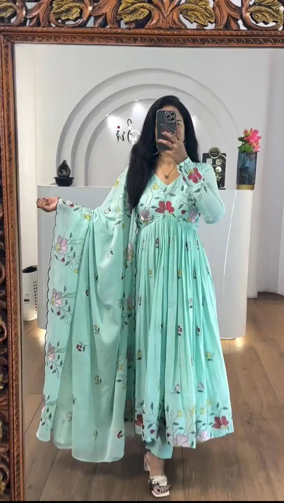 Sea Green Fox Georgette With Thread Embroidery Gown - Image 2