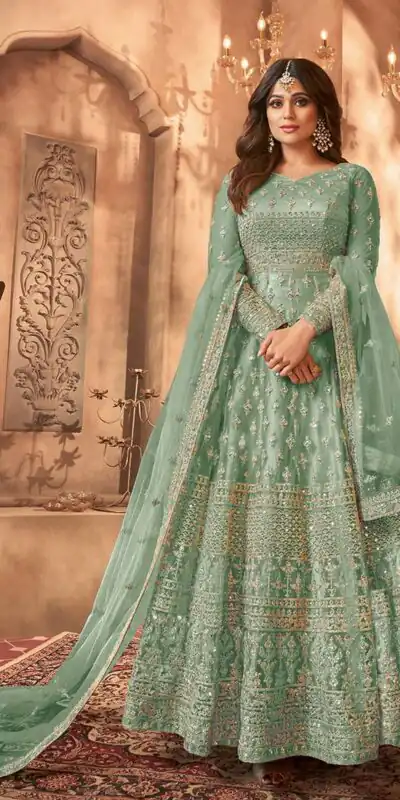 Sea Green Net Sequence Work Salwar Suit