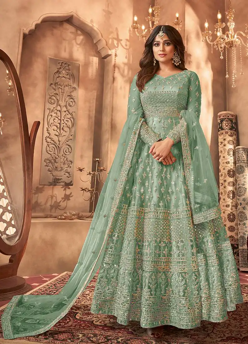 Sea Green Net Sequence Work Salwar Suit