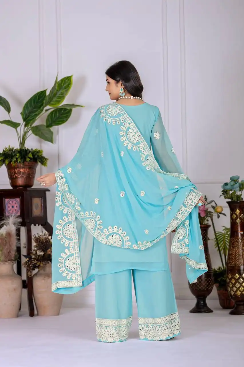 Sky Blue Faux Georgette With Embroider Salwar Suit - Image 3