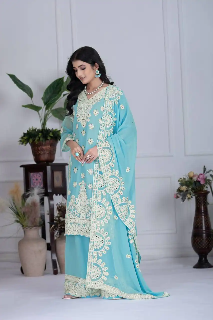 Sky Blue Faux Georgette With Embroider Salwar Suit - Image 2