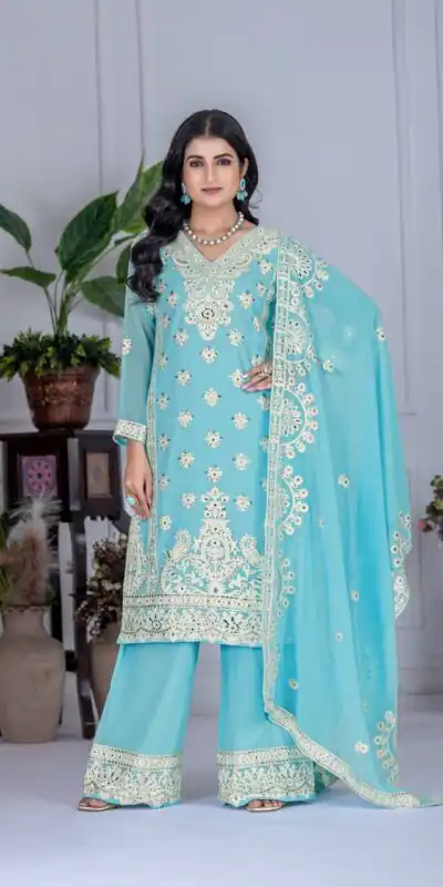 Sky Blue Faux Georgette With Embroider Salwar Suit