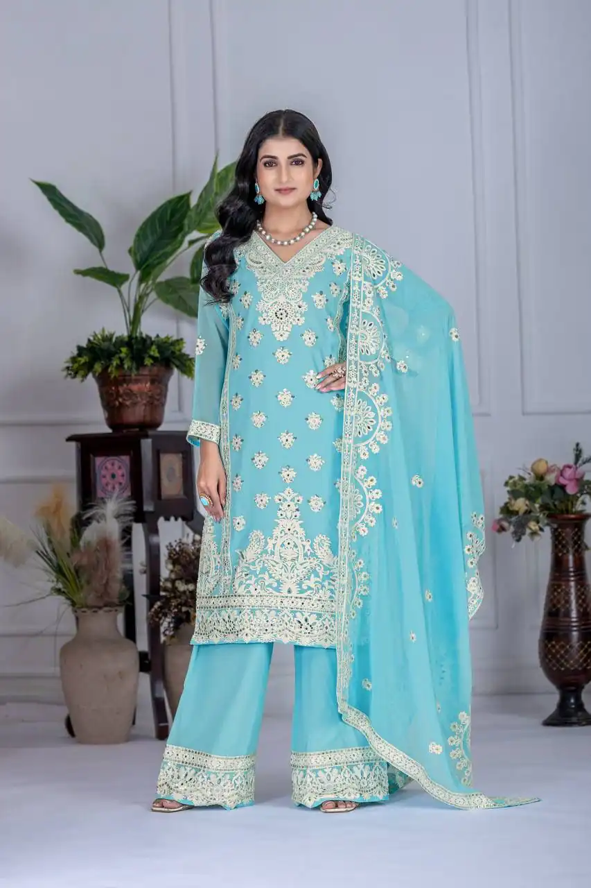 Sky Blue Faux Georgette With Embroider Salwar Suit