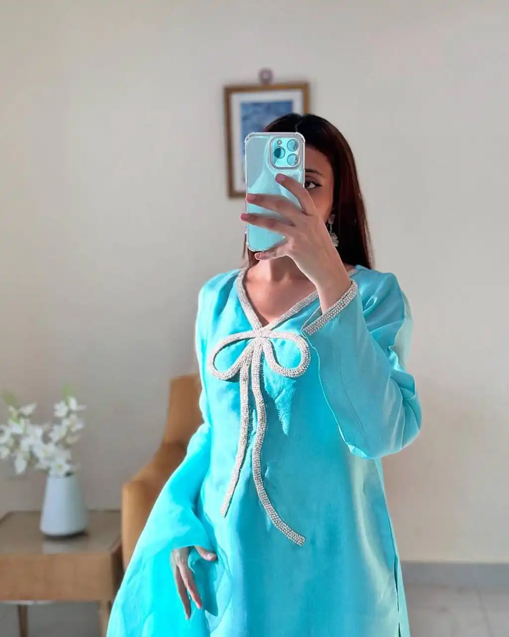 Sky Blue French Crape Bead Work Salwar Suit