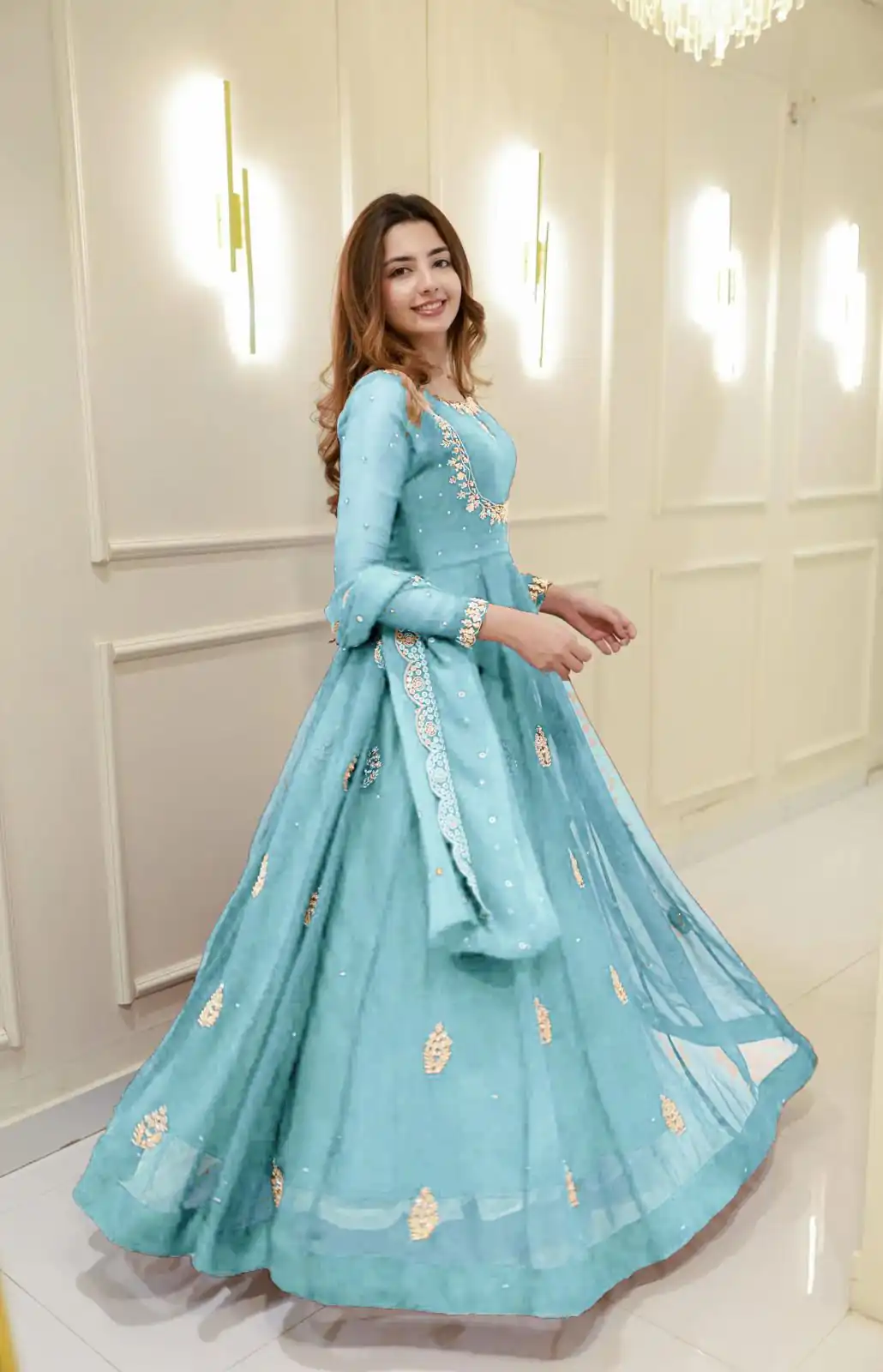 Sky Blue Georgette Embroidery Work Gown - Image 4
