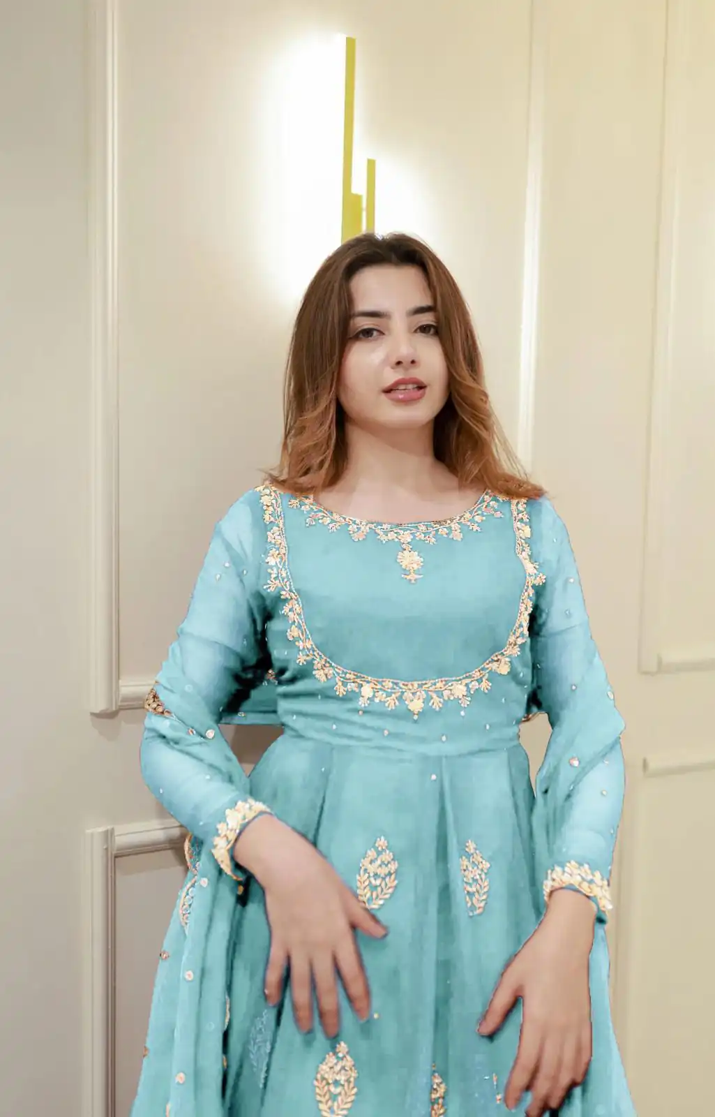 Sky Blue Georgette Embroidery Work Gown - Image 3